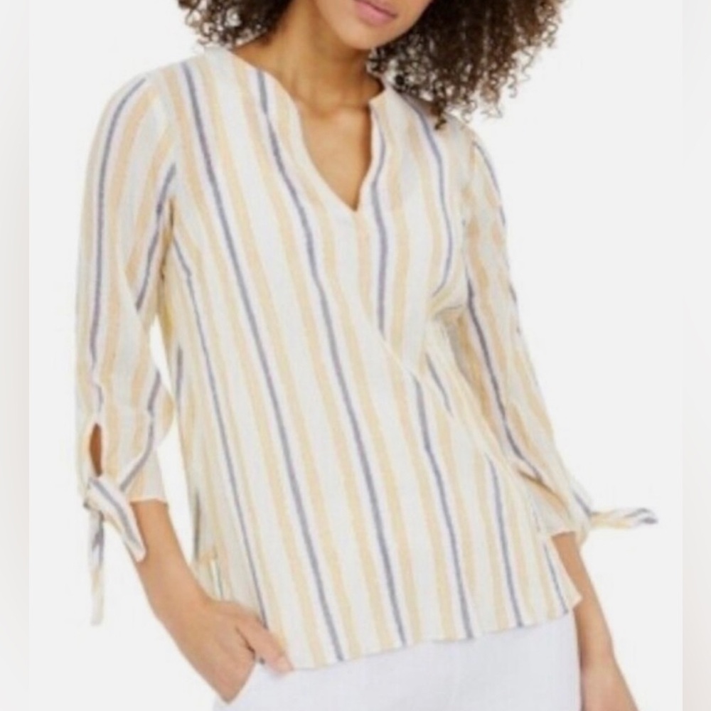 Michael Kors gauzy striped cream v-neck blouse with tie sleeves yellow 1X